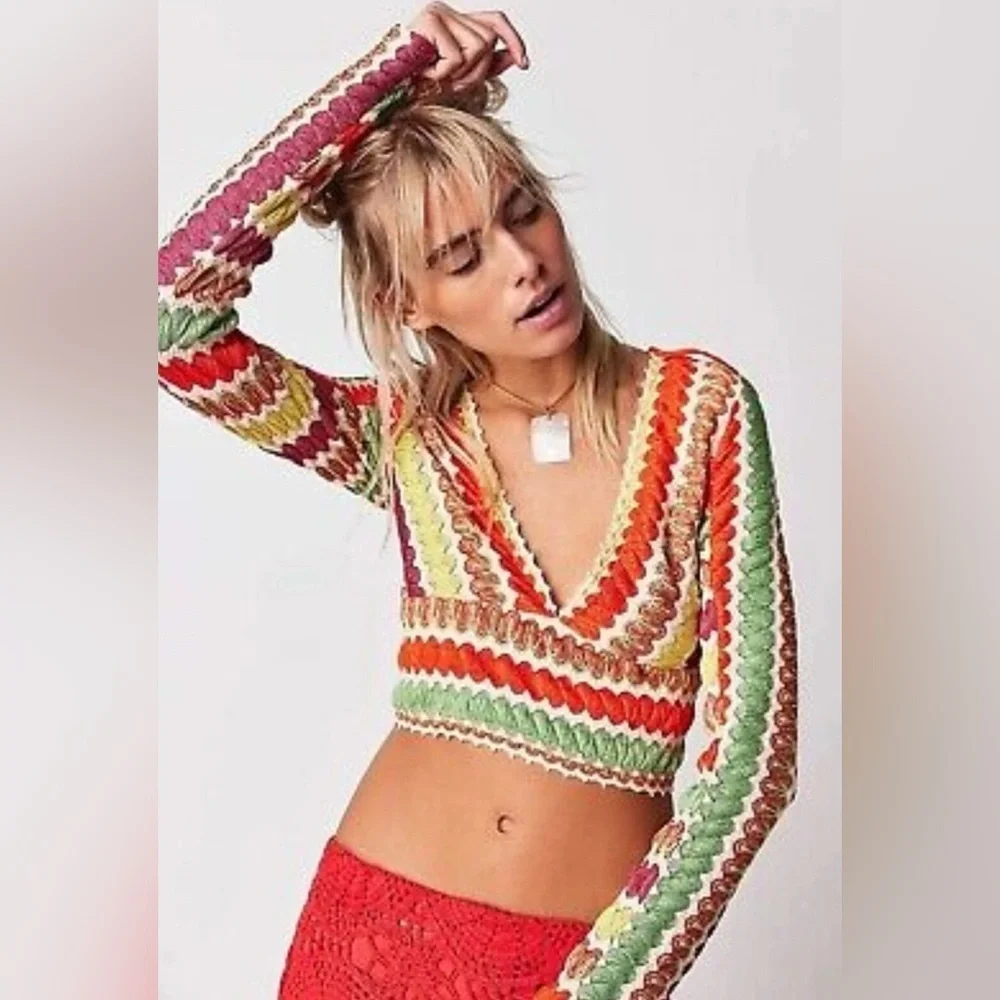 Free People Colorful Crochet V-Neck Long Sleeve Large